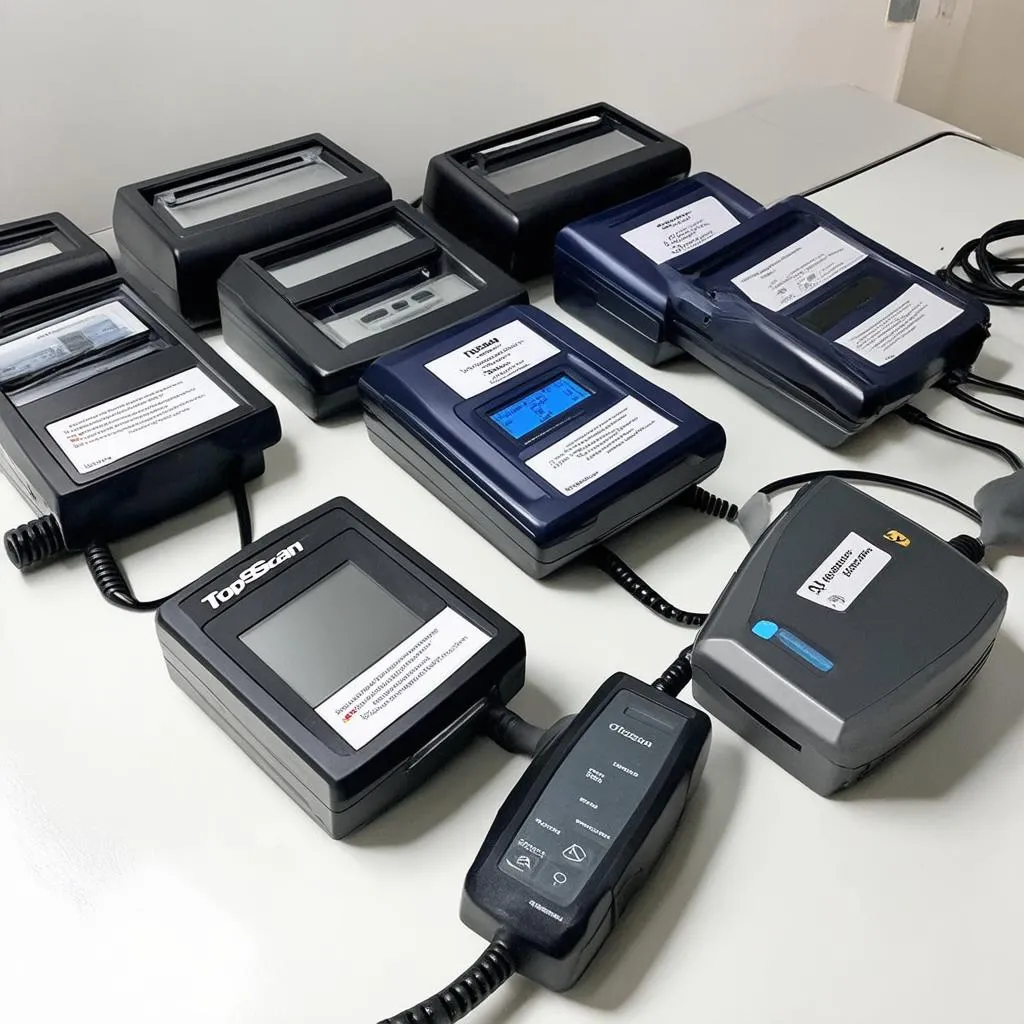 Different TopScan scanner models are displayed on a table, showcasing their features and specifications.